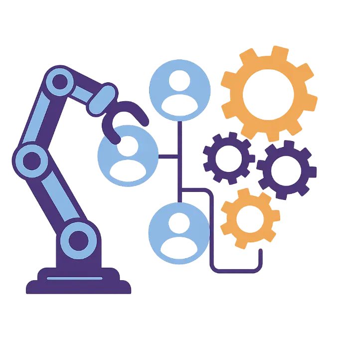 Minimalistisk illustrasjon av en robotarm som automatiserer brukerhåndtering, med tannhjul som symboliserer Active Directory-automatisering