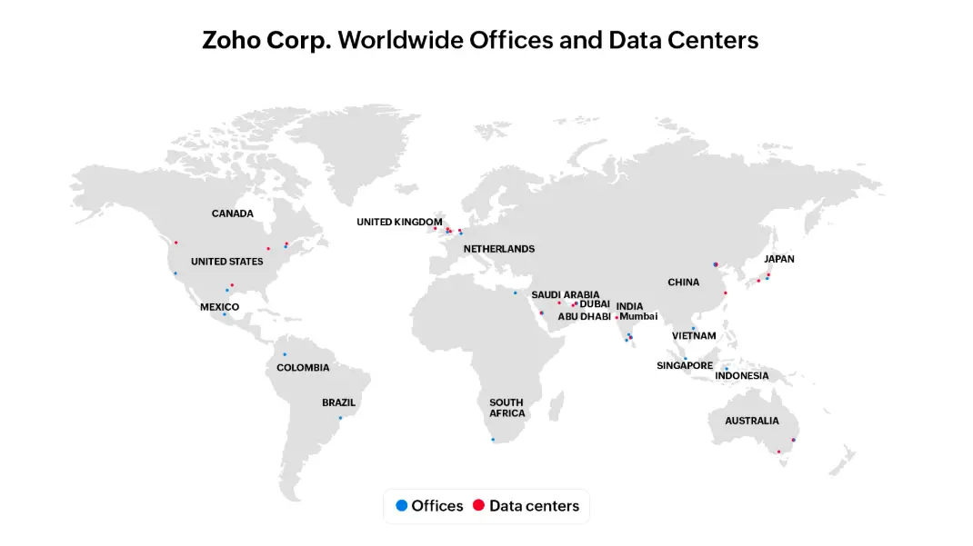 Zoho's datasentere og kontorer